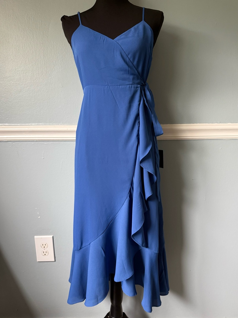 Lulu's Cornflower Blue Spaghetti Strap Wrap Midi Dress